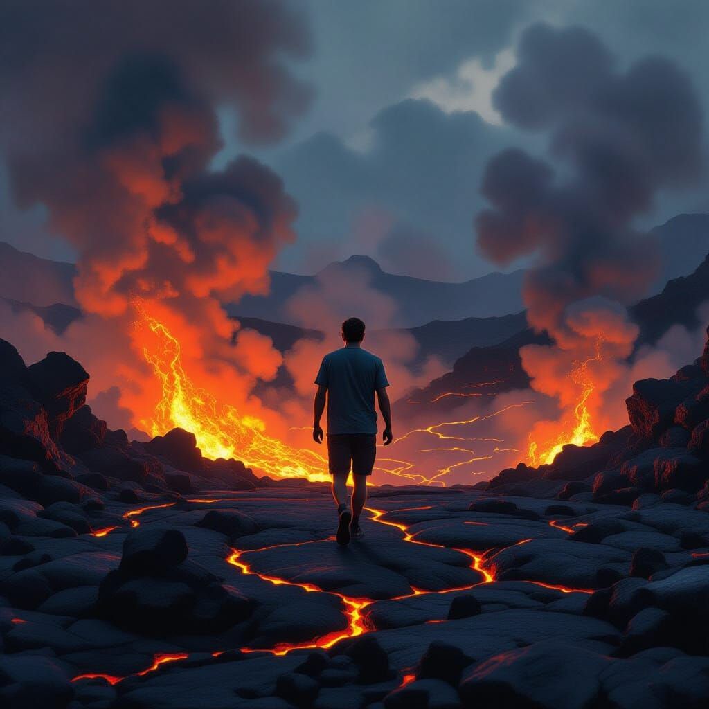 Man Walks on Molten Lava in Volcanic Landscape