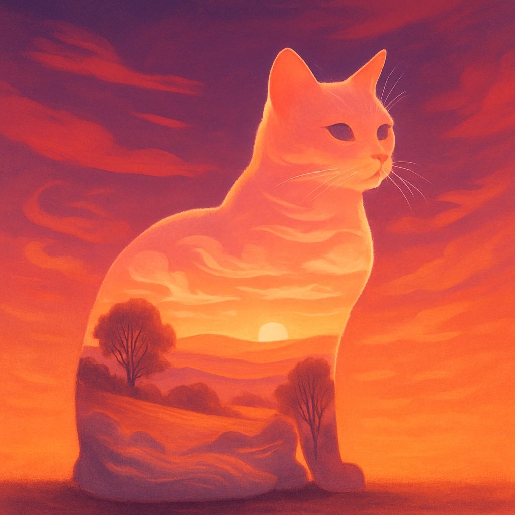 Cat Silhouette Sunset: Dreamy Landscape Double Exposure