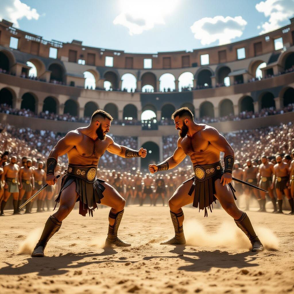 "Gladiator battle in a Roman Colosseum, dramatic moment frozen in time, 8K"