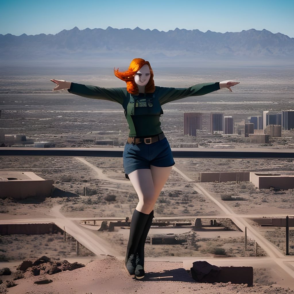 A shapely overweight redhead woman flies over the post atomi...