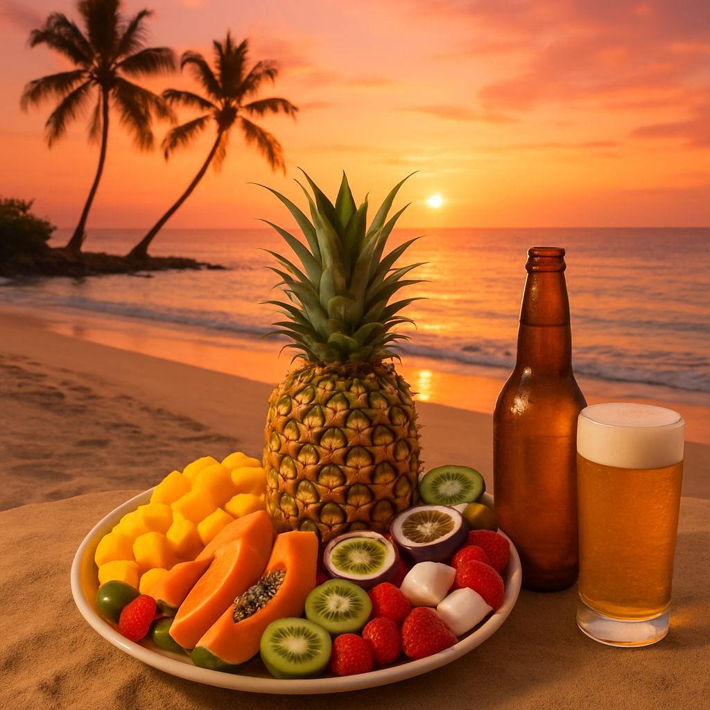 Tropical Sunset Paradise with Pineapple and Fruits