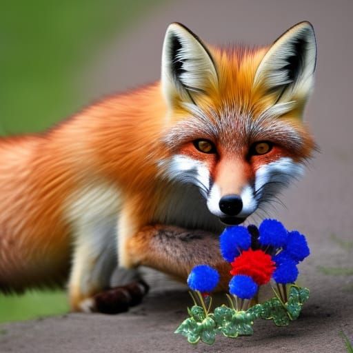 flower fox with pedals and thorns on its body  with red and ...