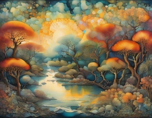 Encaustic Sunset Over River Landscape