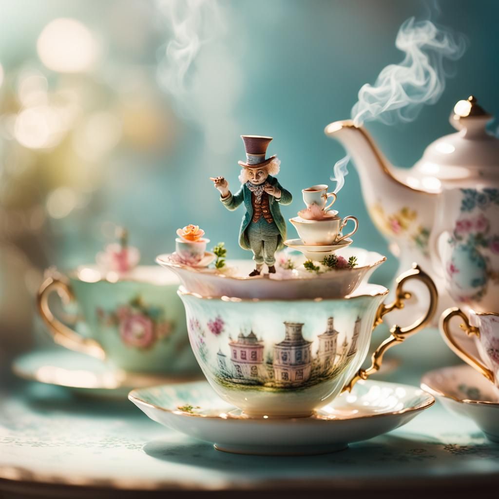 Mad Hatter's tea party inside a teacup