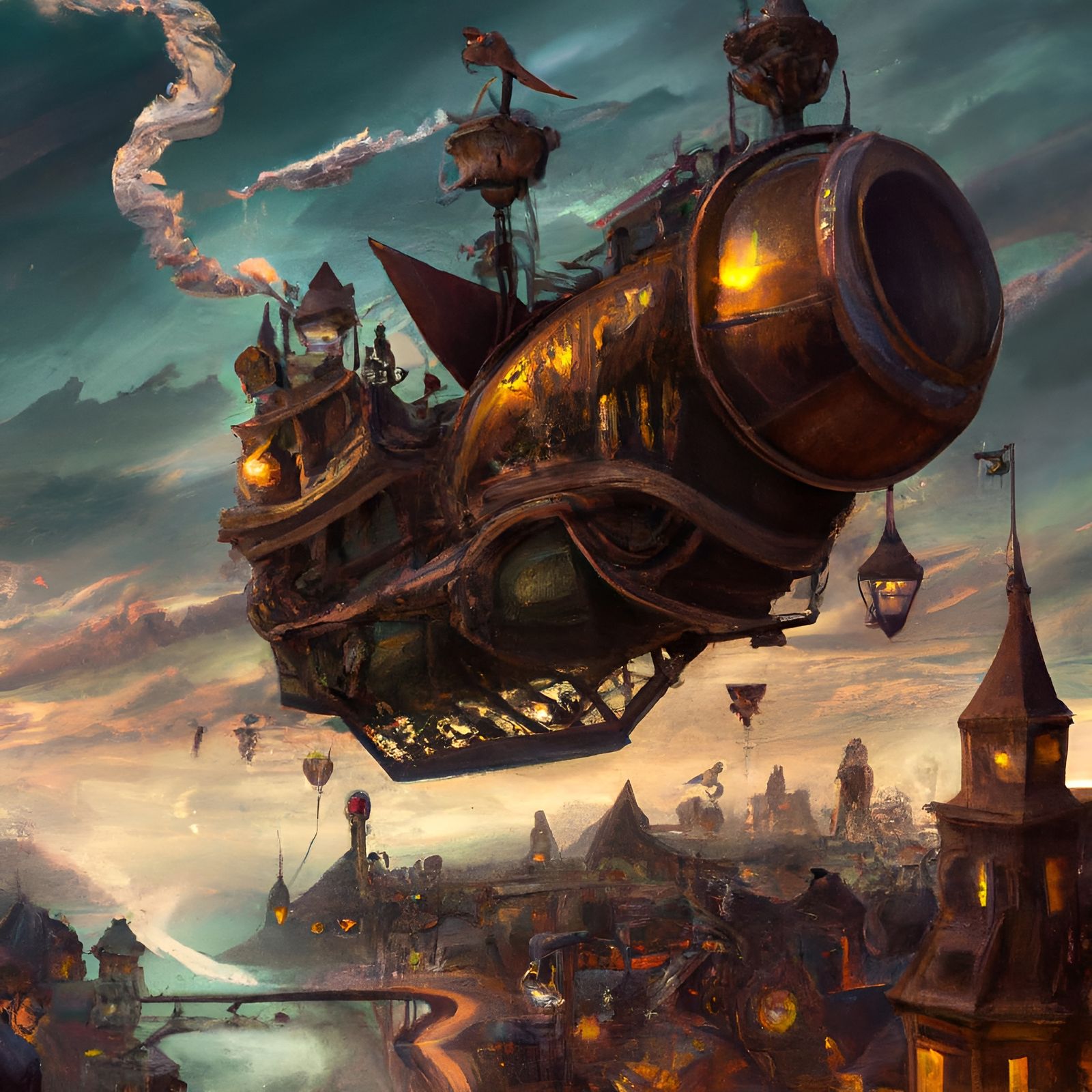 A stunning steampunk skyship on top of a medieval city - Dalle2  by @Hintero