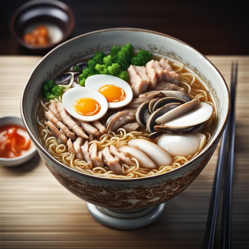 steaming bowl of ramen with chicken, mushrooms, onions, and half a boiled egg  by @Bunnzo332