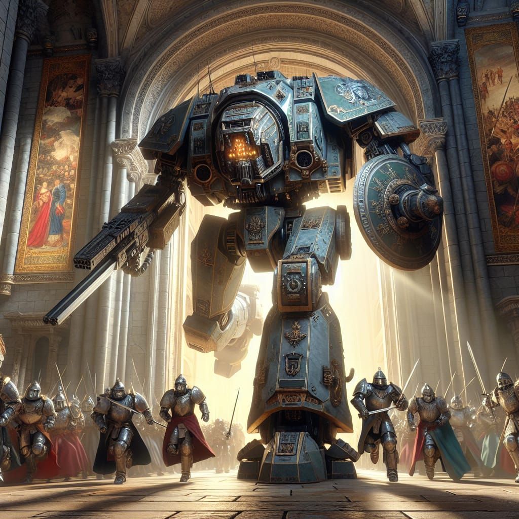 A war mech emerges through a portal into the main hall of a medieval castle armoured knights of the period attack it dynamically, detailed, 