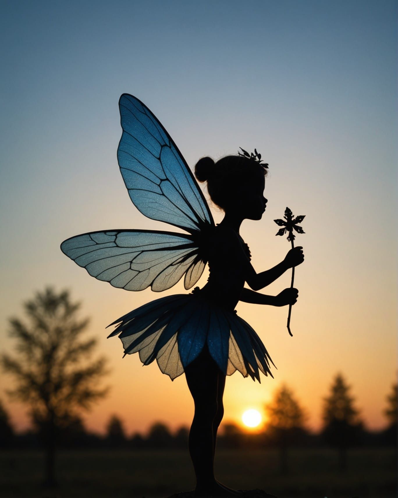 Silhouette of a tiny fairy with opaque blue wings during golden hour  by @LadyA