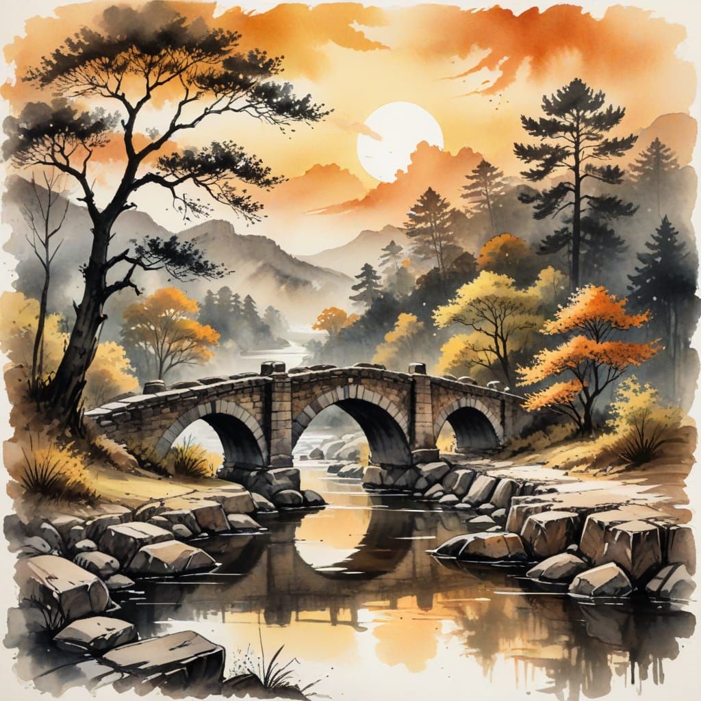 Ancient Stone Bridge in Sumi-e Ink Landscape