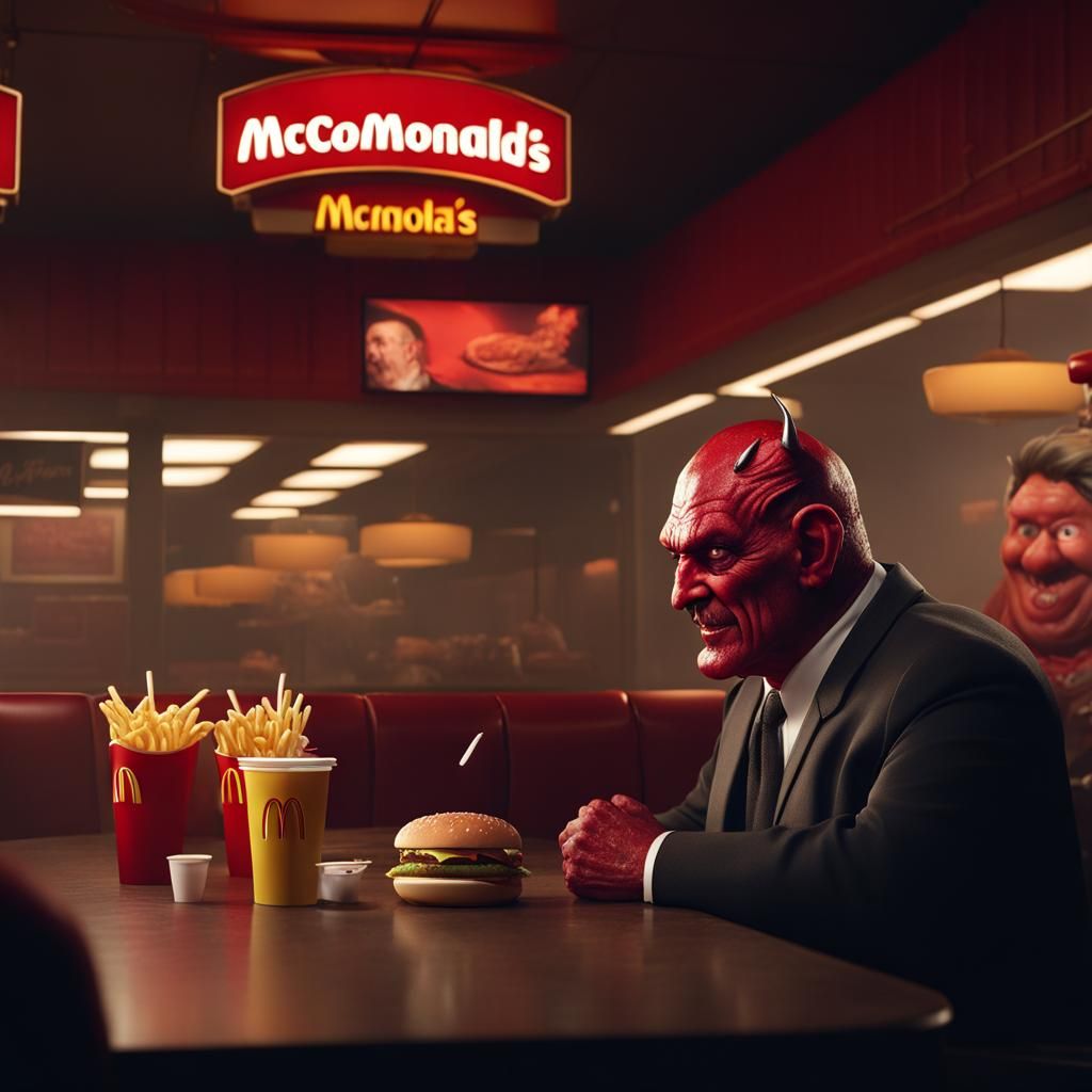 satan sitting in a mcdonalds eating a big mac