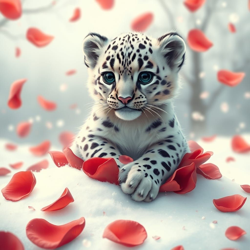 Portrait of a cute baby snow leopard sitting on a pile of roses petals. Background in a snow.  And petals ...  by @Alex