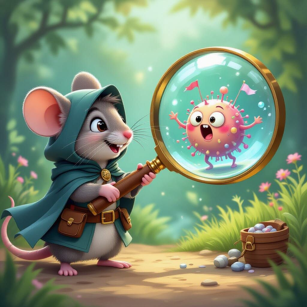 Finn, an anthropomorphic wandering mouse hero, peers through a large magnifying glass at a funny, cartoonish microbe. The microbe waves tiny...