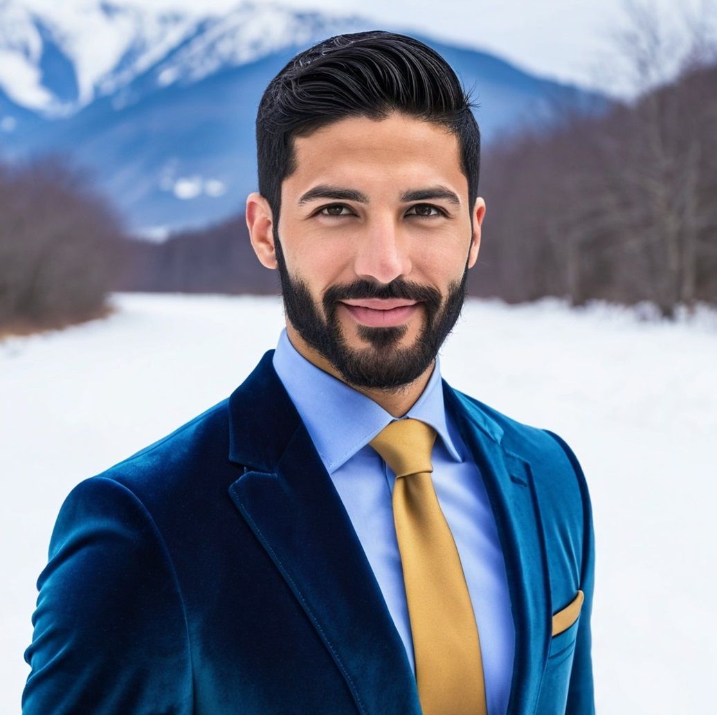 A handsome bearded man wearing a blue velvet suit with shirt...