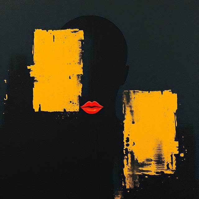 Abstract portrait in black oil paint, minimalist composition with strong contrast, expressive palette knife textures.