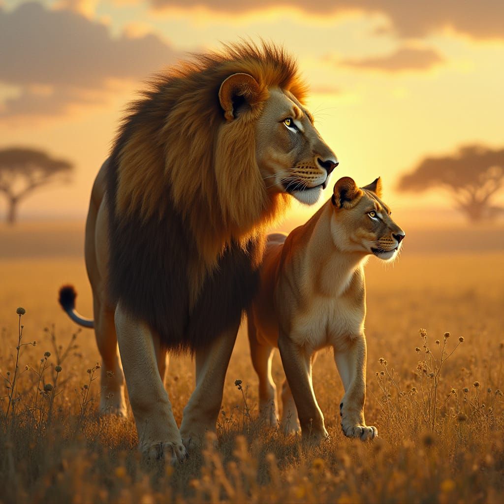 Majestic Lion and Lioness Queen in Savannah