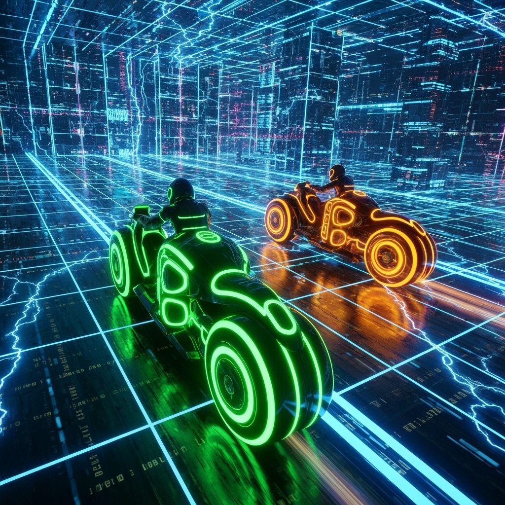 Two Tron light cycles, One is neon green and the other is neon orange, racing in a digital world.   by @MortimerBrewstr