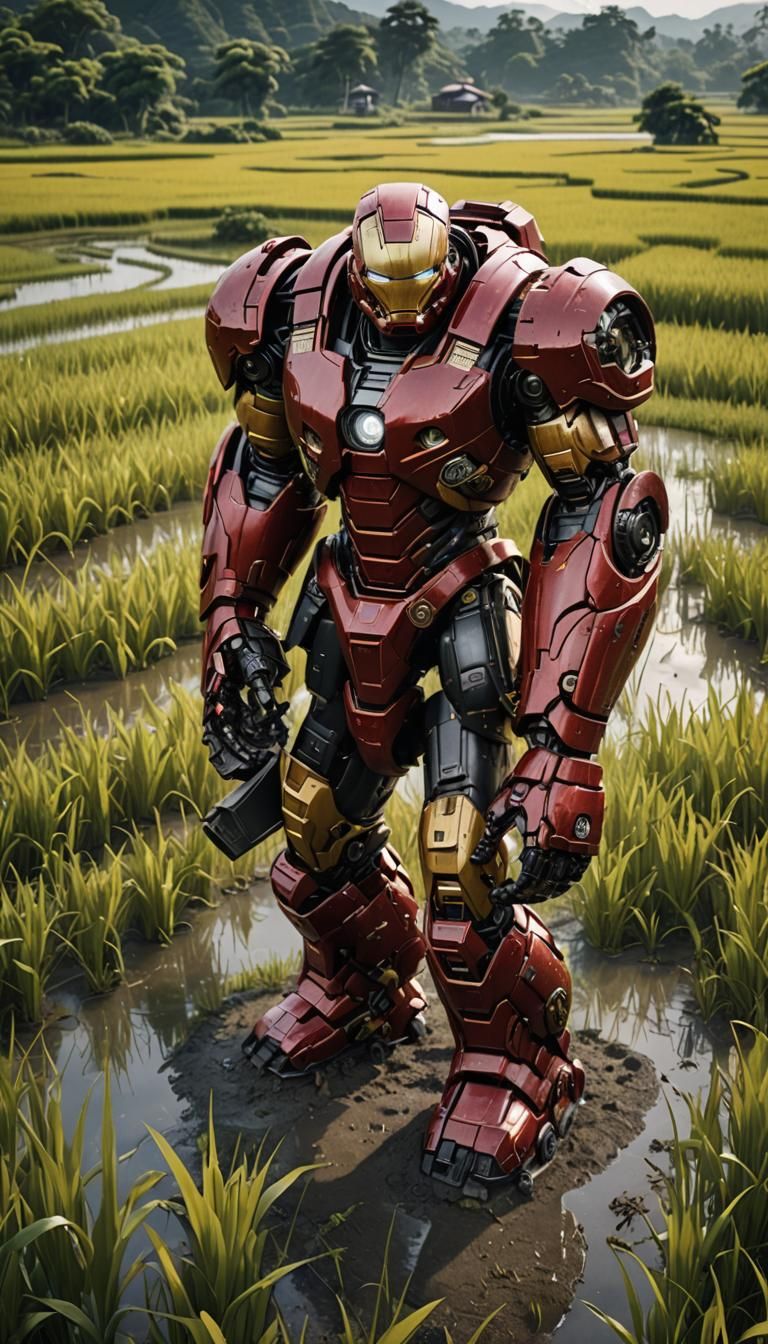 a Hulkbuster suit robot standing in rice field detailed matte painting, deep color, fantastical, intricate detail, splash screen, complement...