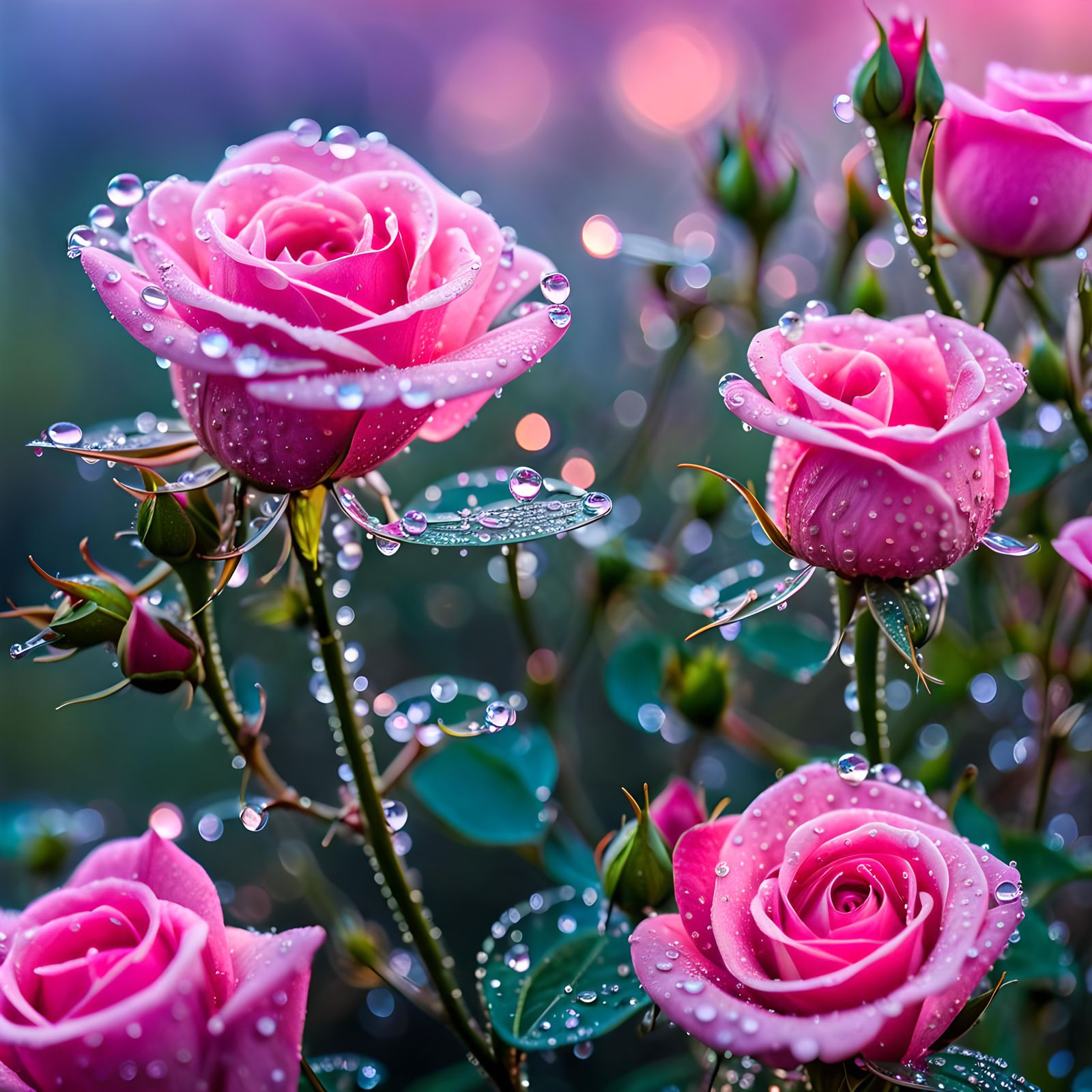 A Magnified Vision of Glistening Dew-Kissed Rose Petals  by @Rick Towers