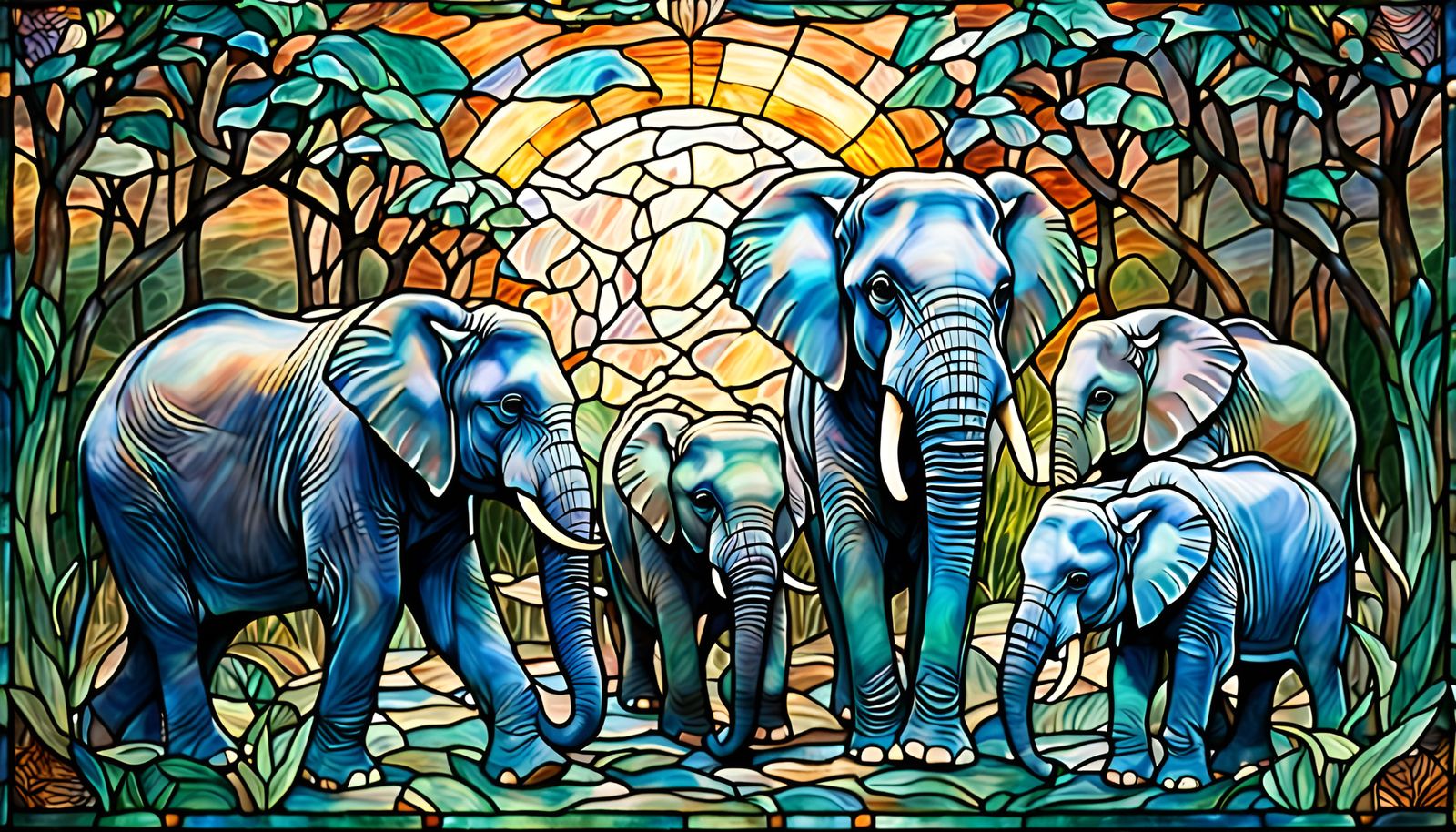 "stained glass, herd of elephants with little elephants, walking in jungle,  soft colors, alphonse muncha, ...  by @tsahel