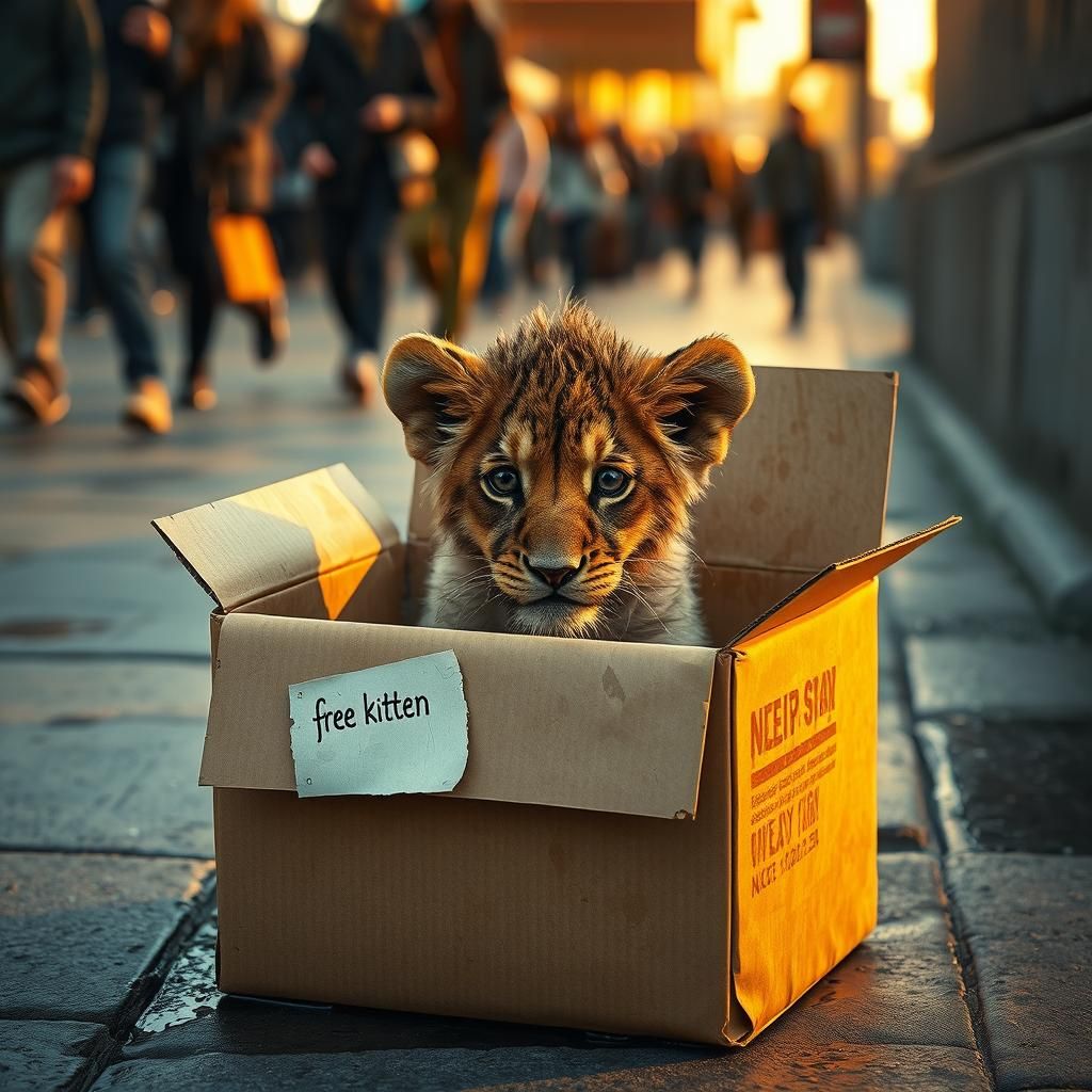 Closeup candid photograph.  dirty sidewalk with a large wet cardboard box on the ground up against the wall of a building. On the box is a s...