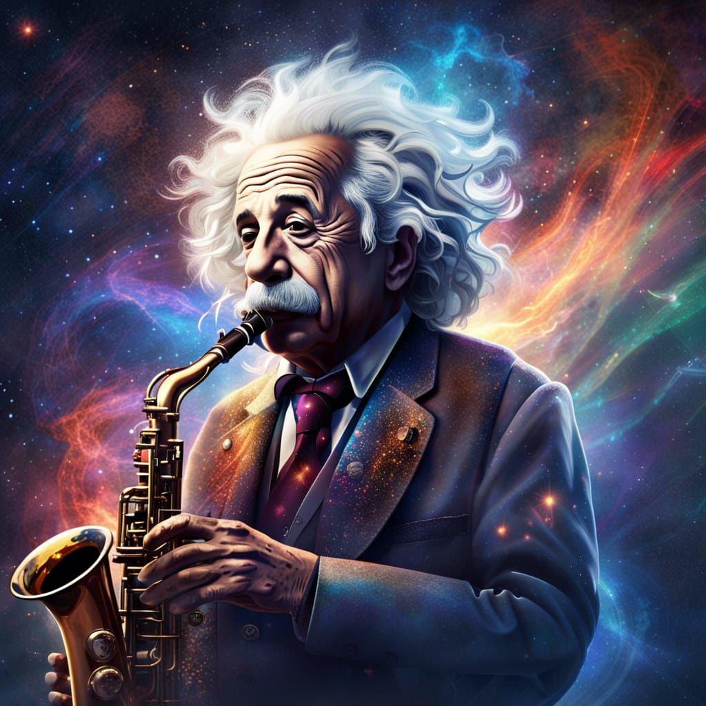 Albert Einstein playing the saxophone  by @Lady on Fire