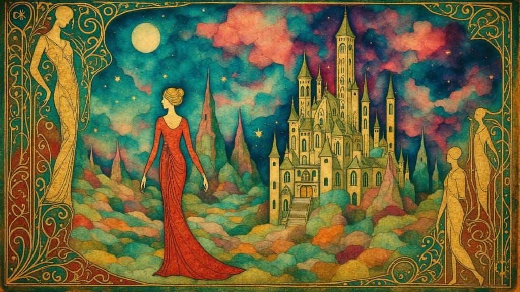 Fat chubby castle dungeons floating in clouds of human psyche in the artistic styles of Escher, Bridget Riley, and Sonia Delaunay to create ...