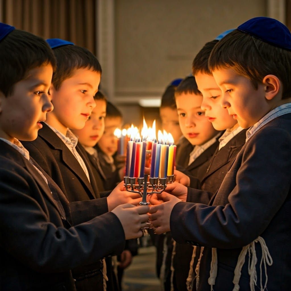 Young Chasidic Boys Light Chanukiah in Joyful Unison