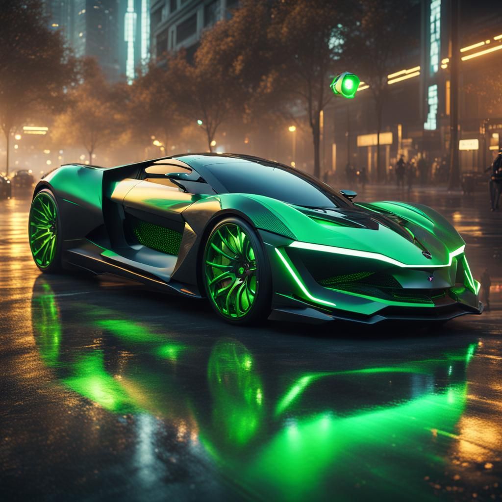 futuristic super car with black carbon fiber and green under...