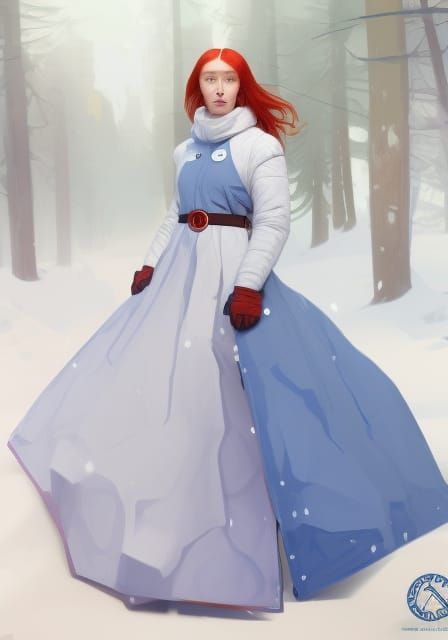 A 22 year old woman with red hair wearing a blue 1 piece snowsuit dress ...