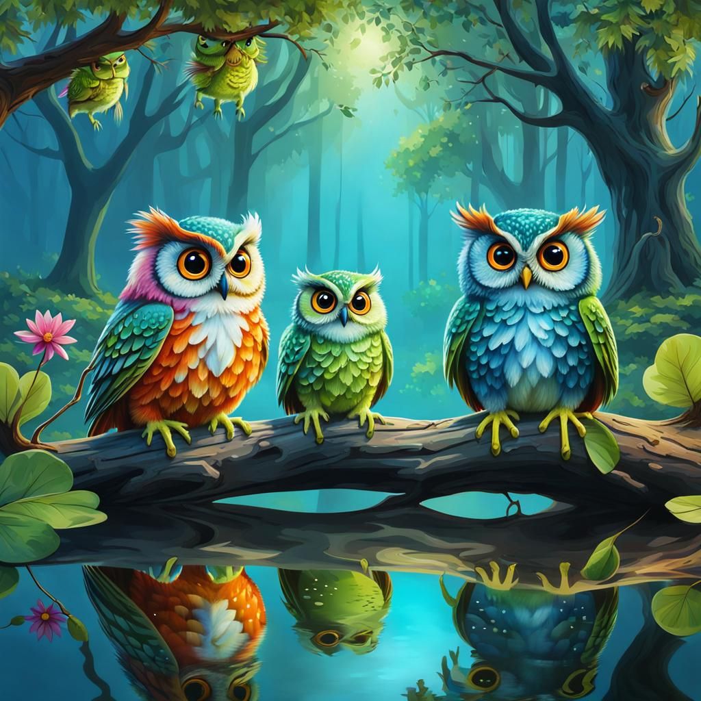 3 cute colorful fluffy owl frogs sitting on a branch of a la...