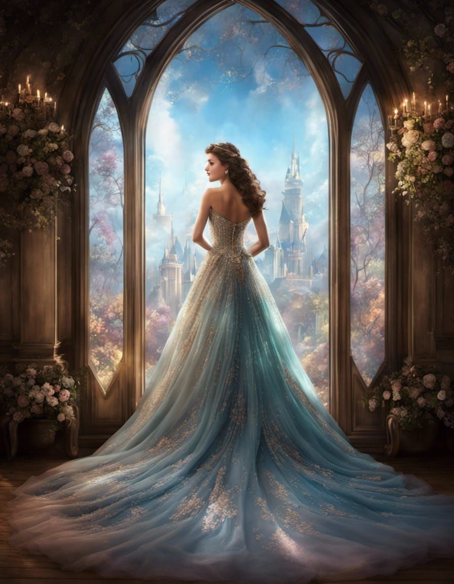 Beautiful Disney Princess bride, long fancy gown, iridescent...