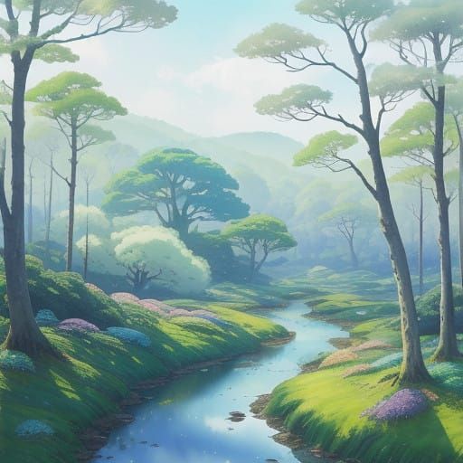 Dreamy Whimsical Landscape with Rolling Hills and Towering T...