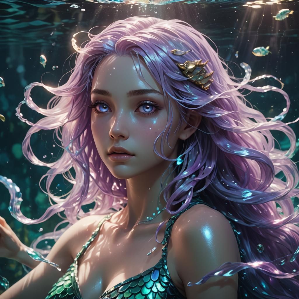 androgynous siren with dark skin, long light purple hair, and teal eyes. tail is purple, underwater lighting
By artist "anime", 3d anime art...