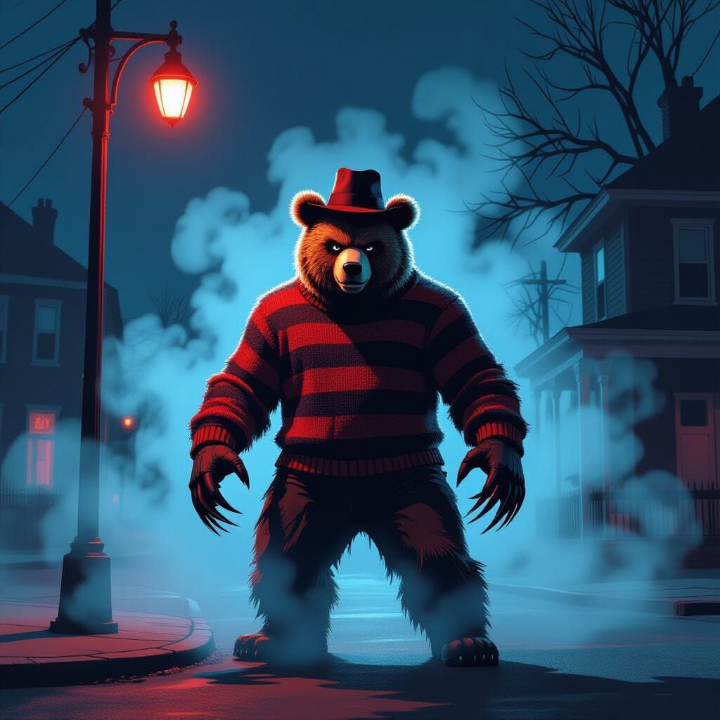 A fuzzy bear.....as Freddyknifefingers on the corner of Elm Street