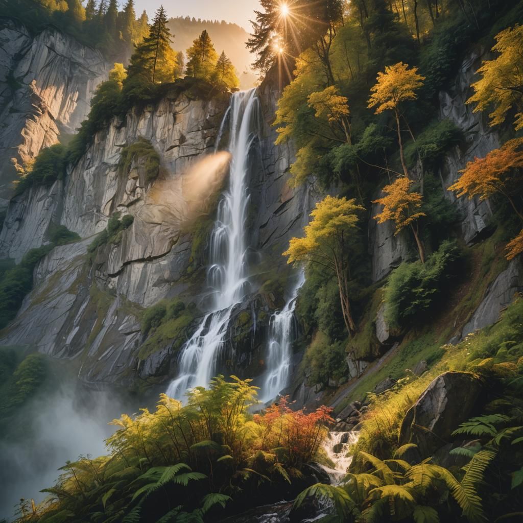 Swiss Mountain Waterfall in Vibrant Oil Painting Style