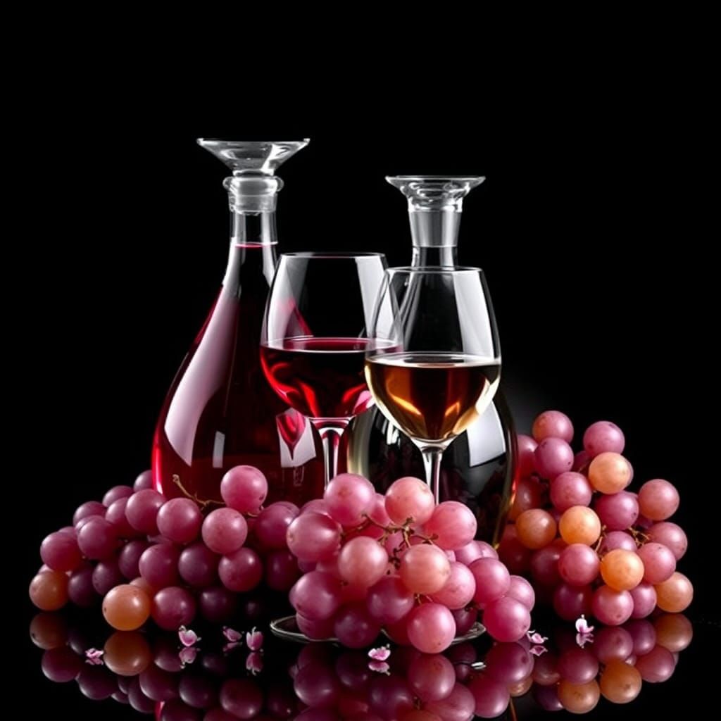 A still life of glass decanters, with wine, and grapes on bl...
