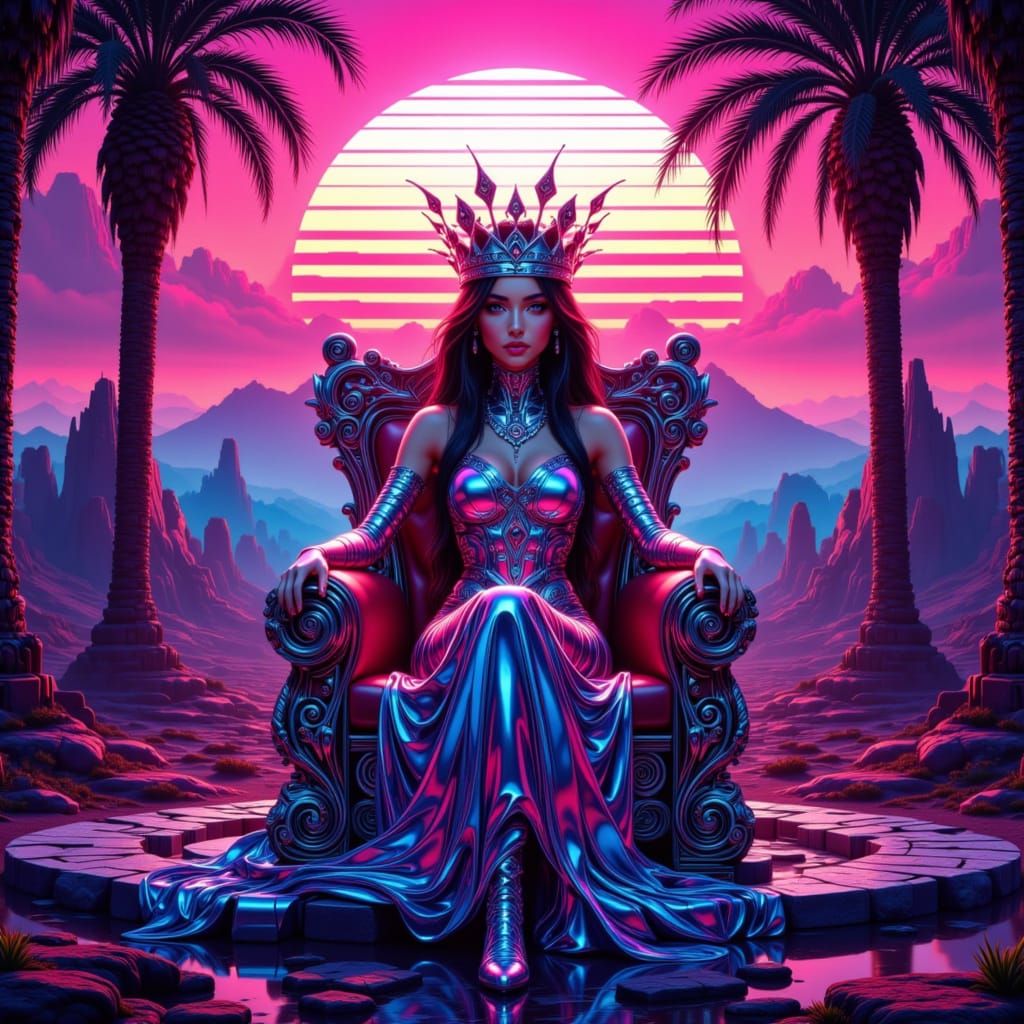 Retro-Futuristic Queen on Pixel Throne in Neon Glow