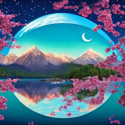Crescent Moon and Blossoms Reflected in Lake
