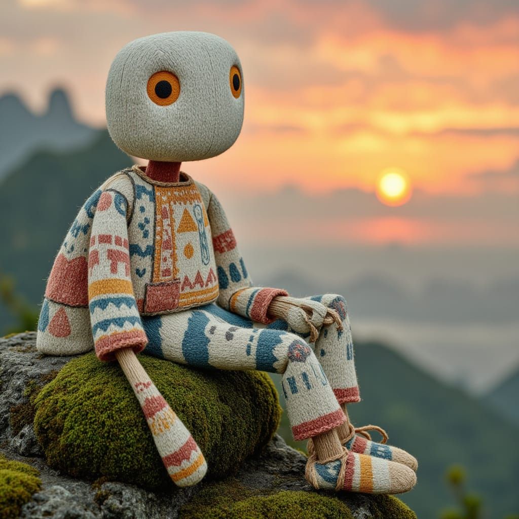 <lora:The Folkdream Set:1.0> A white folk creature with painted eyes sits on a mossy rock, gazing at the sunset. The character has oversize...