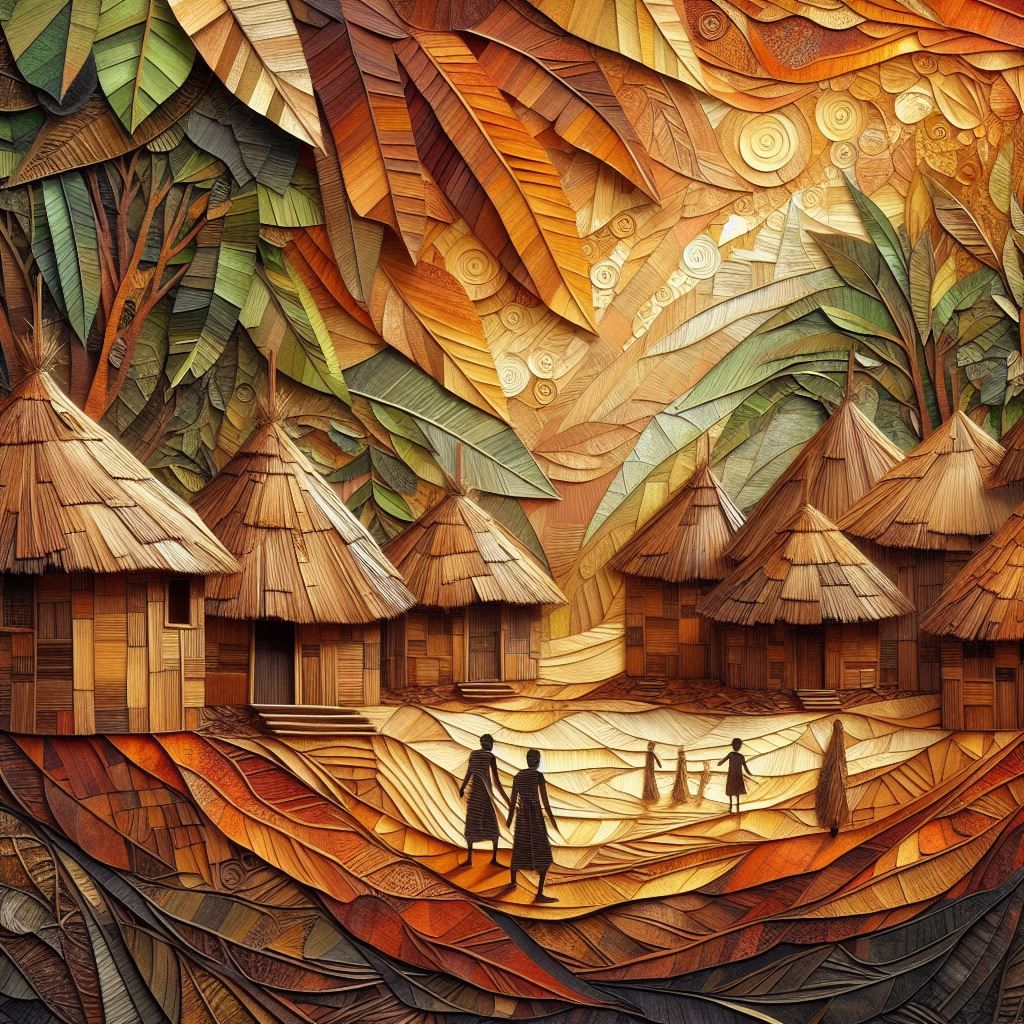 Traditional African village, banana leaves collage