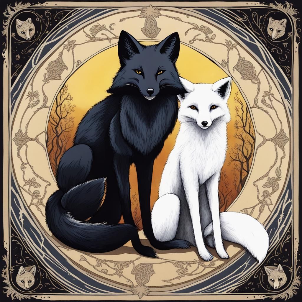 A tarot card with one black fox and one white fox