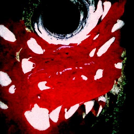 a stream of bright red blood in a tunnel lined with alligato...