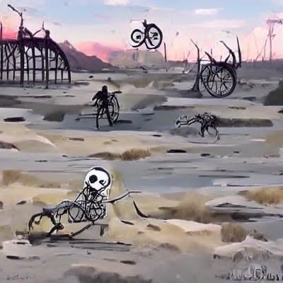 skeleton rides a bicycle in a post-apocalyptic hellscape