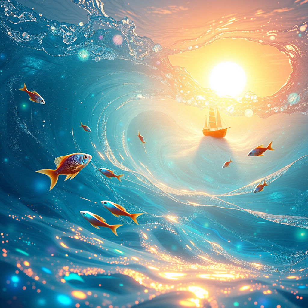 The Ocean of Light"
,A sea of ​​liquid light, where the waves shine with shades of blue and silver and the glow rises into the air. Colorfu...