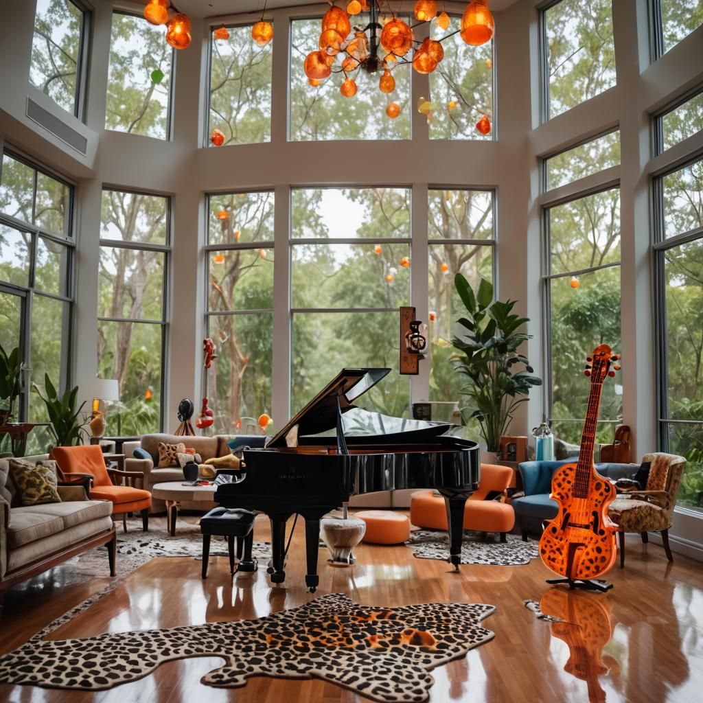 Tacky Eclectic Living Room with Glass Piano