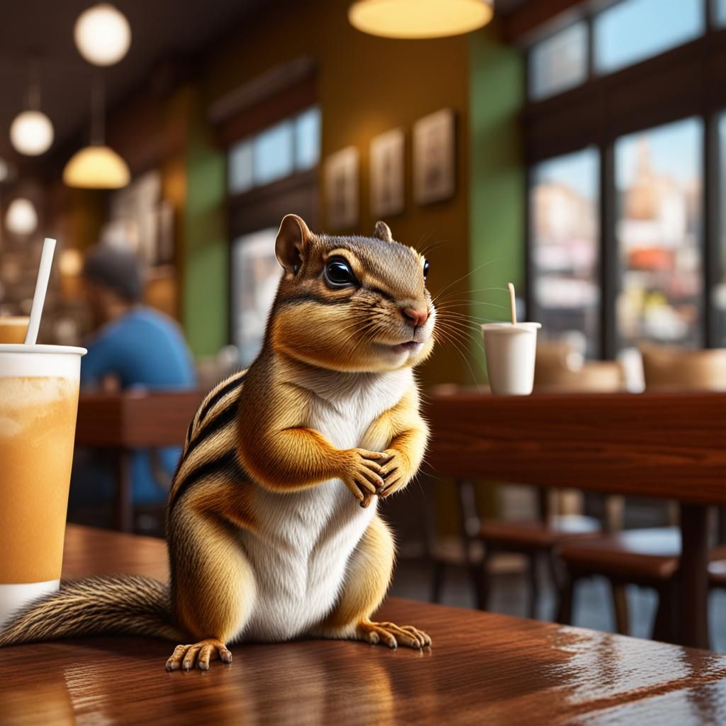 A chipmunk is a crowned prince is sitting at a table, in a c...