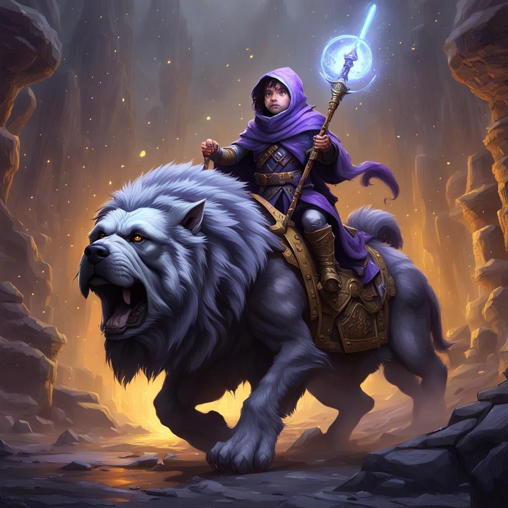 Tiny halfling wizard holding a magic staff riding alone on a...