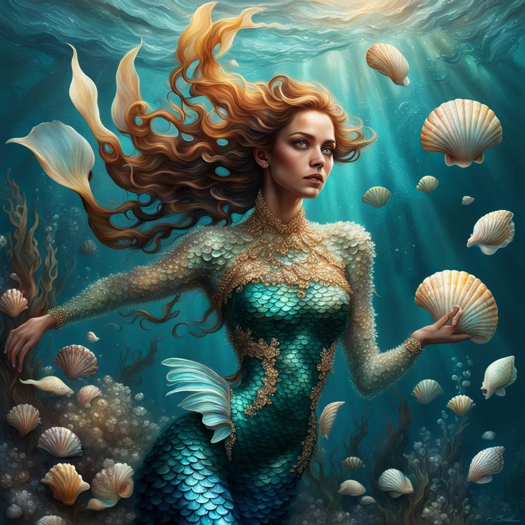 Beautiful surreal mermaid with innocent face and heaxress of...