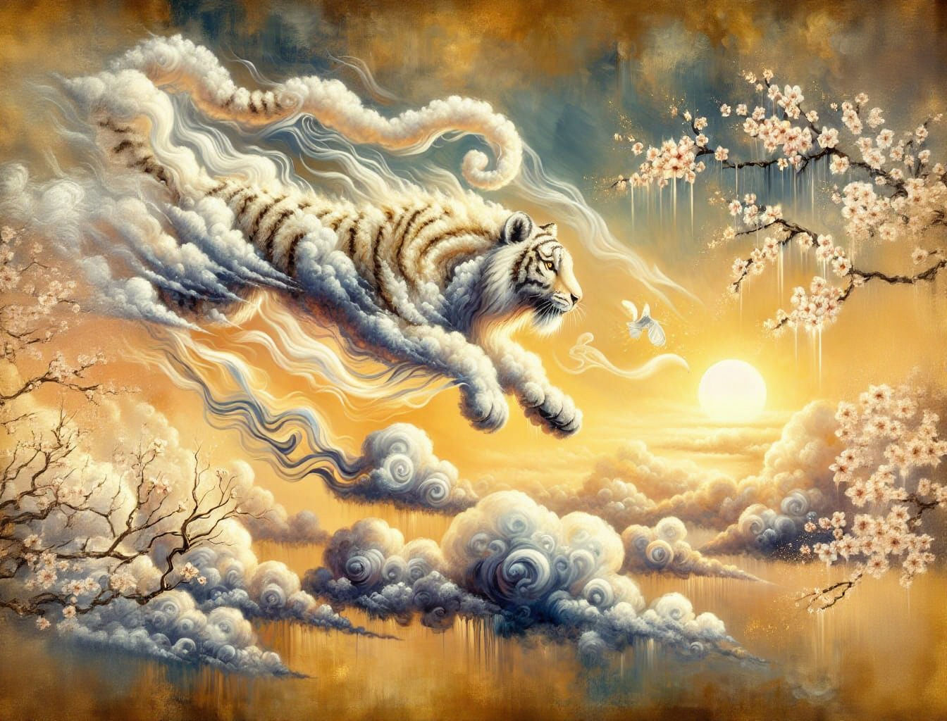 a sky tiger made of fluffy clouds chasing a cloud shaped like a gazelle through the golden melting clouds, sunrise, oil gouache melting, mel...