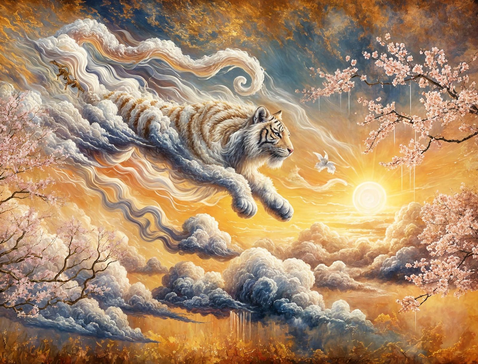 a sky tiger made of fluffy clouds chasing a cloud shaped like a gazelle through the golden melting clouds, ...  by @AutumnBear
